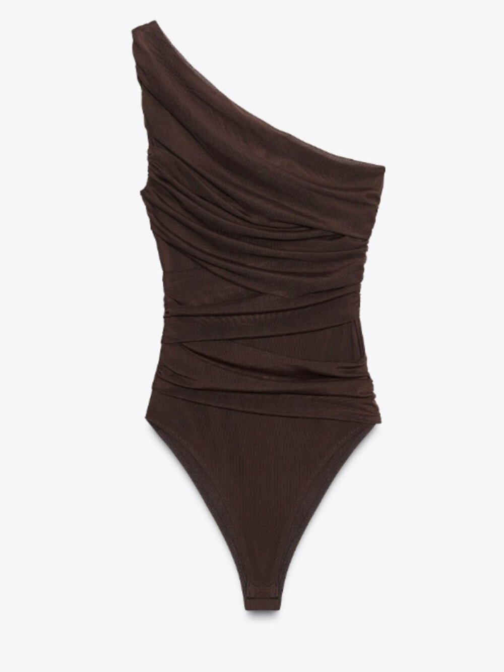 Zara One-Shoulder Brown Ruched Bodysuit